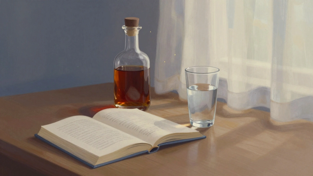Desk scene with book, rum decanter, and water pitcher in soft light.