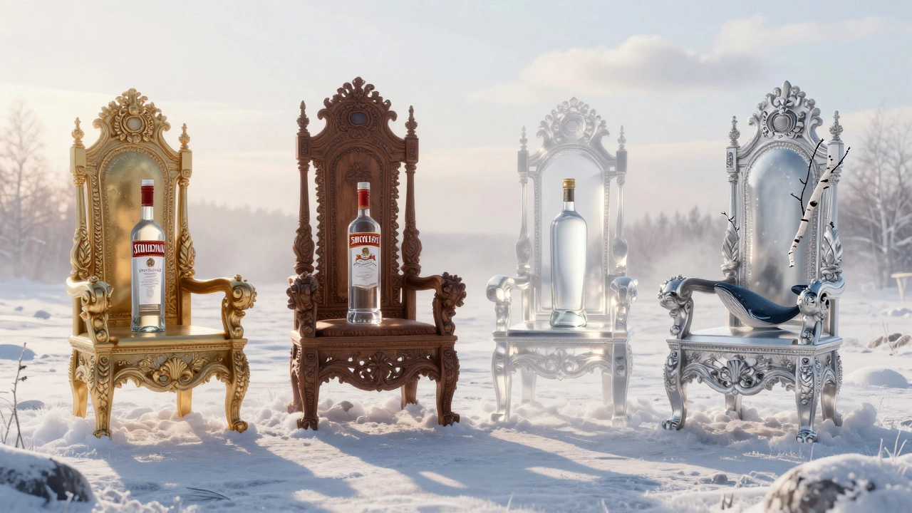 Four ornate thrones in a frosty landscape, each holding a different premium Russian vodka bottle.