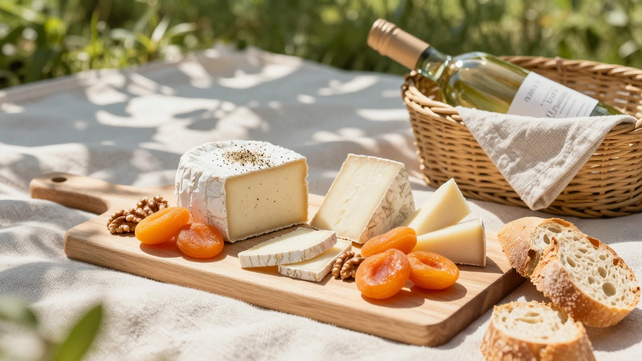 Goat cheese, Manchego, and Cambozola with nuts and fruit on a picnic board beside a bottle of Pinot Grigio in sunlight.