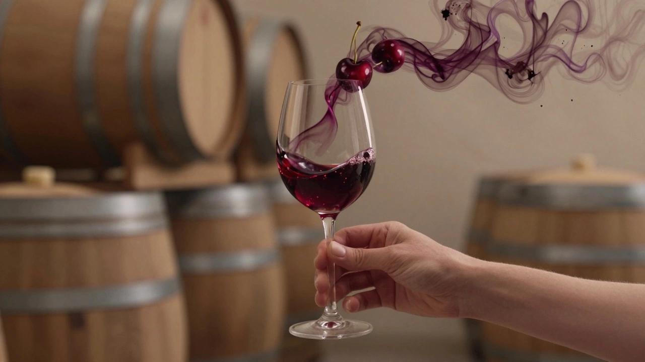 Hand swirling wine with abstract scent trails rising in earthy tones.