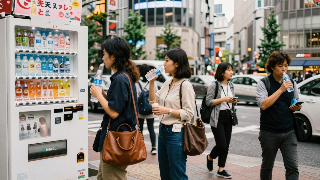 People in a busy city grabbing and carrying bottled water on their way to work.