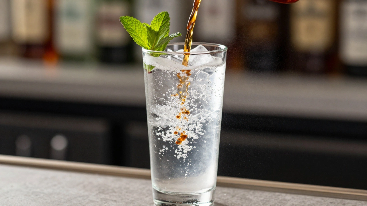 Soda water bubbling over rum in a tall glass with a mint sprig on the rim.