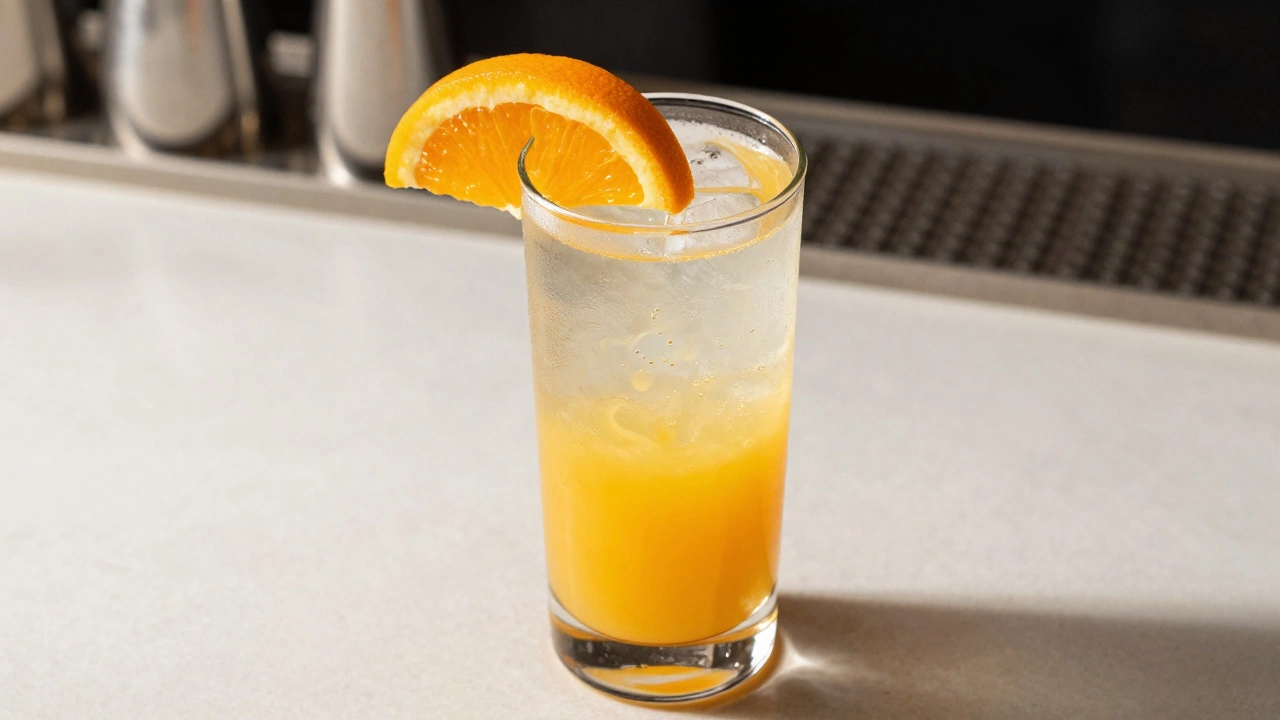 Tall glass cocktail with orange juice and vodka slices on rim.