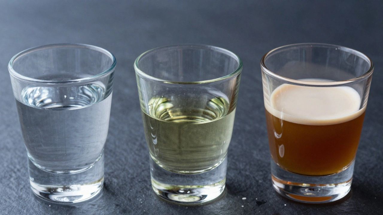 Three glasses showing clear, agave, and creamy spirits without ice.