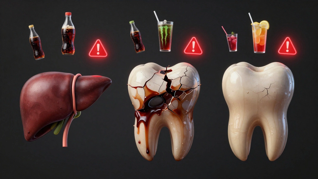 Three human organs stained with syrupy residue, suspended above beverage bottles in a dark void.