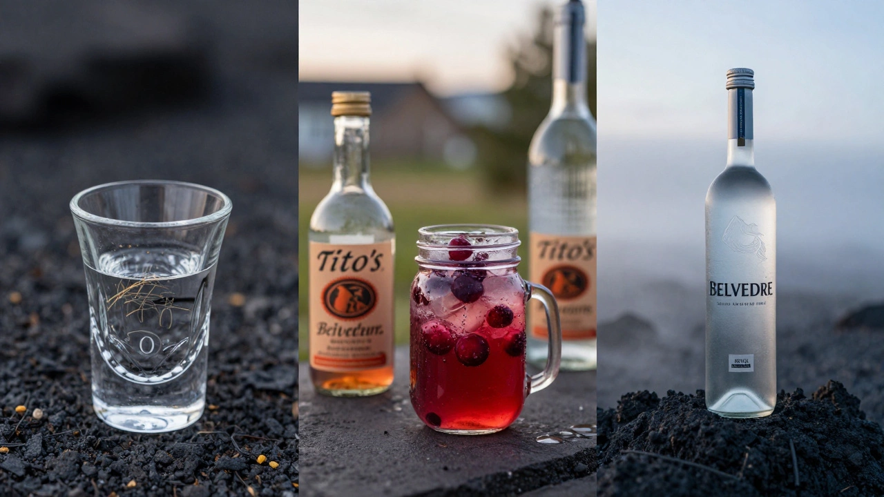 Three vodka experiences: Belvedere 10 shot, Tito’s cocktail at a party, and Reyka on volcanic rock.