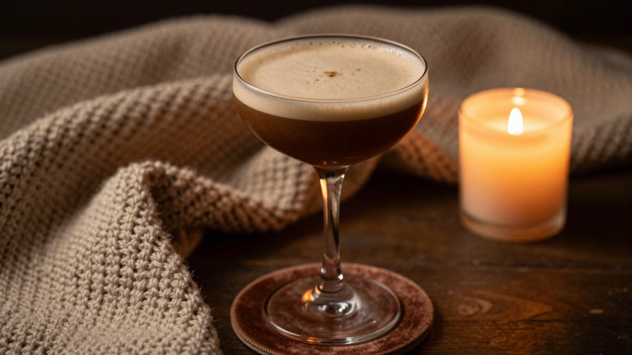 A creamy coffee cocktail next to a knitted blanket and candle for a cozy evening.