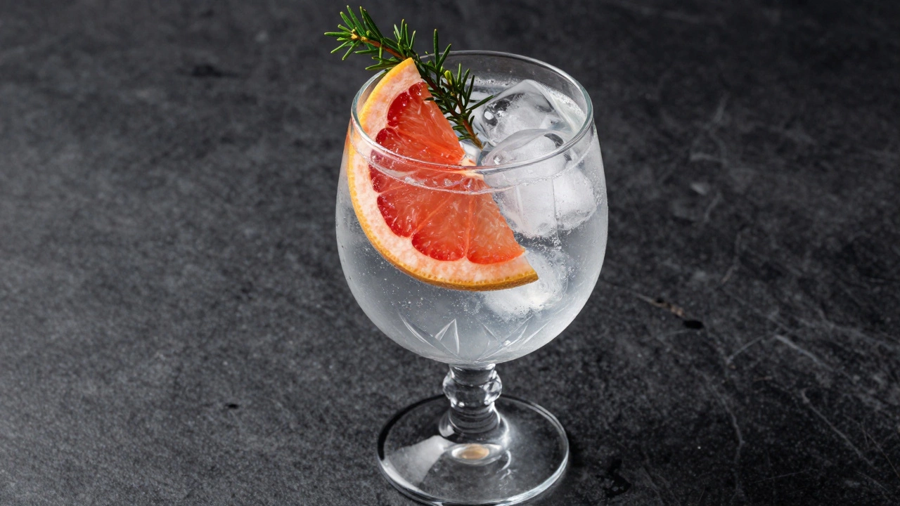 A luxury gin and tonic cocktail garnished with a grapefruit slice and juniper berries.