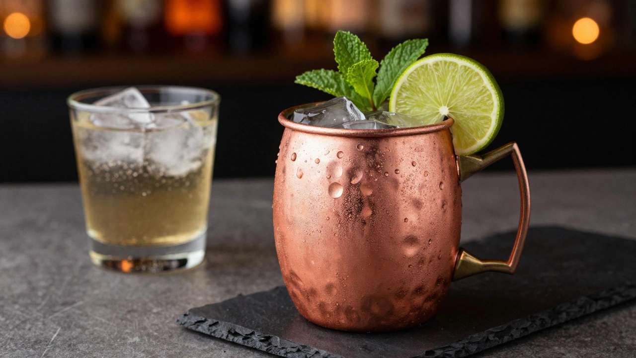 A Moscow Mule cocktail in a copper mug with a lime garnish