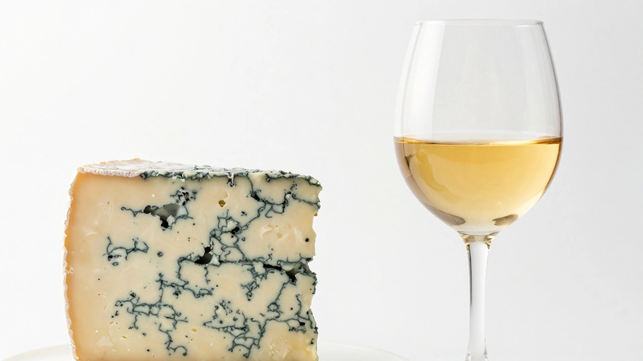 A pairing of Roquefort blue cheese and a glass of golden Sauternes dessert wine.