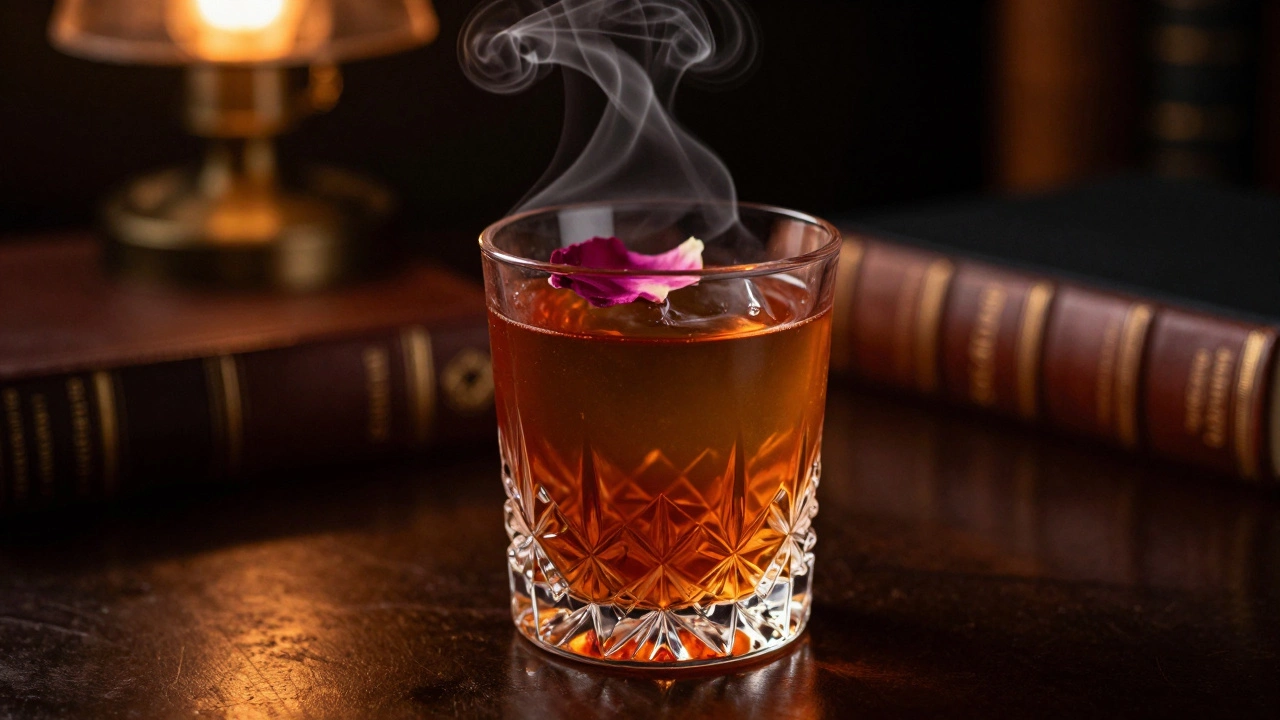 A smokey amber cocktail with a rose petal in a dimly lit, cozy library setting.
