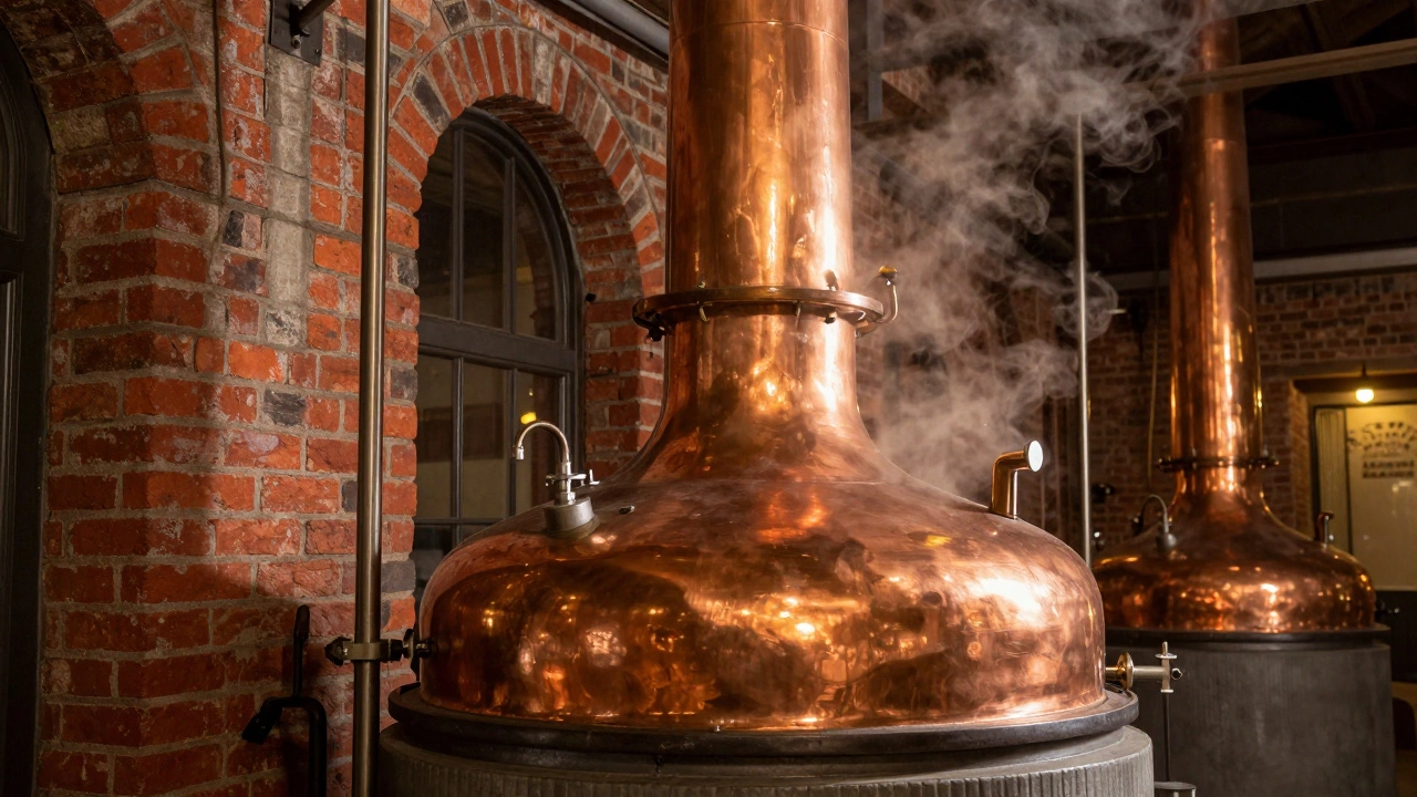 A traditional 100-year-old brick-encased copper pot still used for distilling gin in Holland.