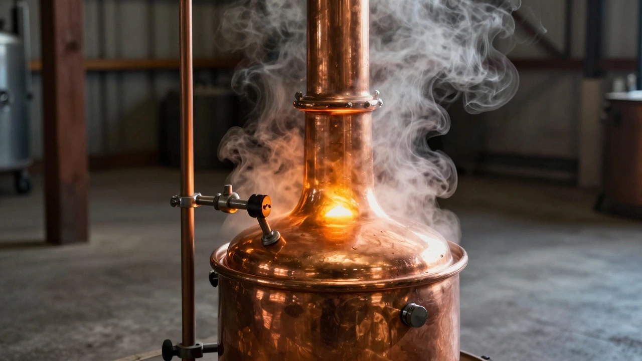 A traditional copper pot still in an industrial distillery setting