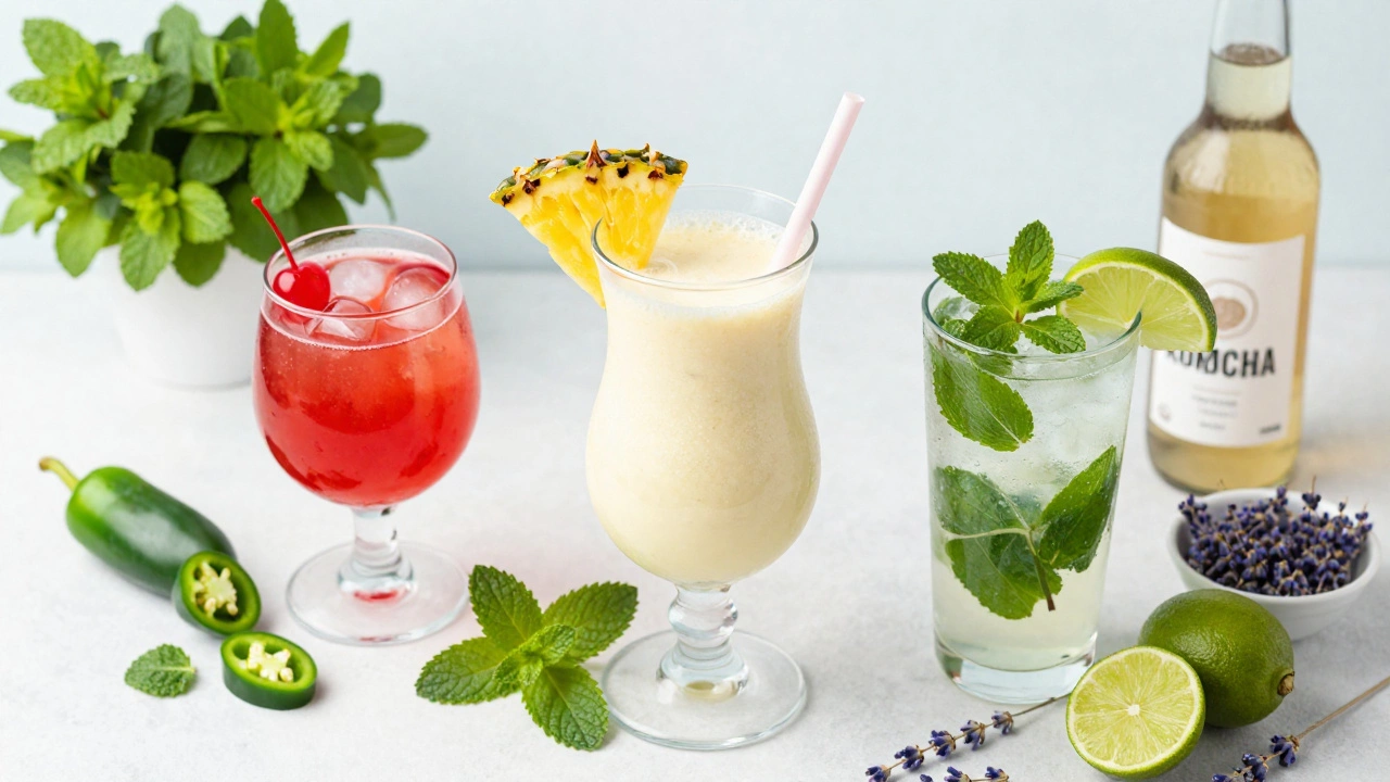 A variety of colorful mocktails including Piña Colada and Mojito with fresh ingredients
