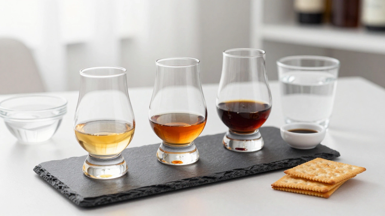 A whiskey tasting flight with three glasses, water, and crackers on a slate platter.