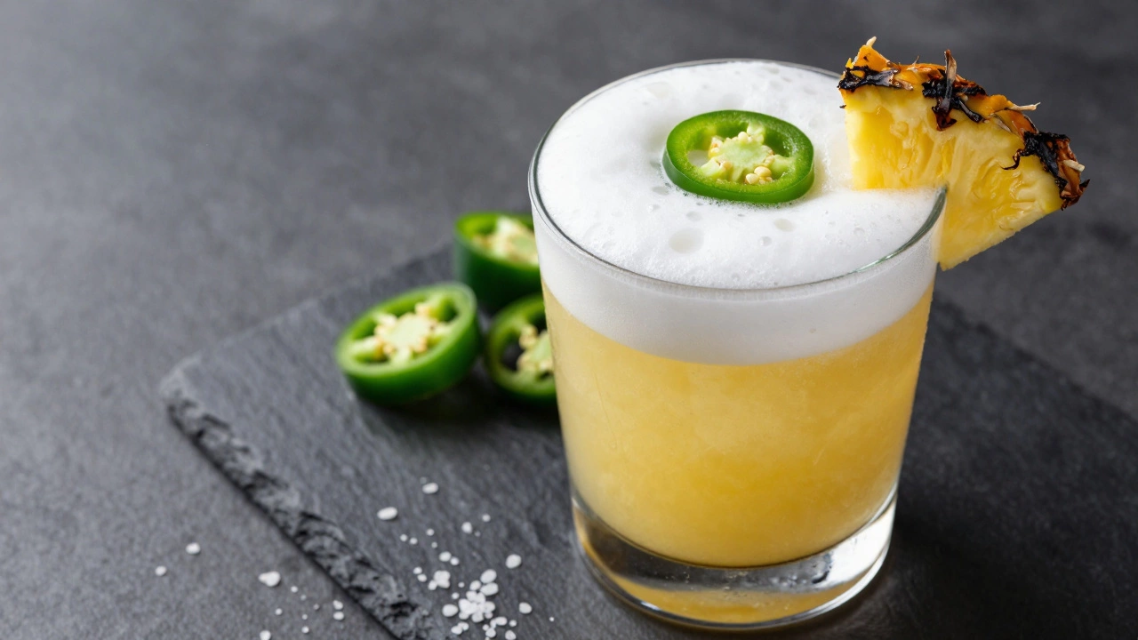 A yellow Mezcalita mocktail with foam and a serrano pepper garnish