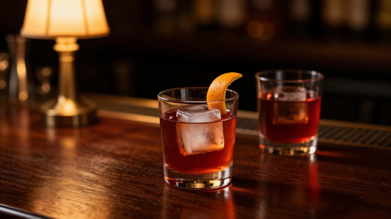 An Old Fashioned and a Negroni resting on a dark wooden bar in a moody lounge.