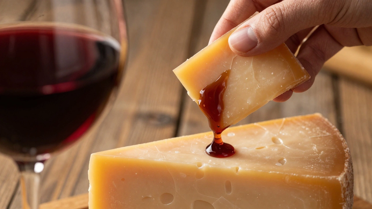 Close-up of aged Cheddar cheese paired with a glass of bold Cabernet Sauvignon.