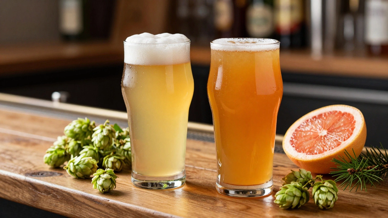 Comparison of a clear golden IPA and a cloudy orange hazy IPA with fresh hops