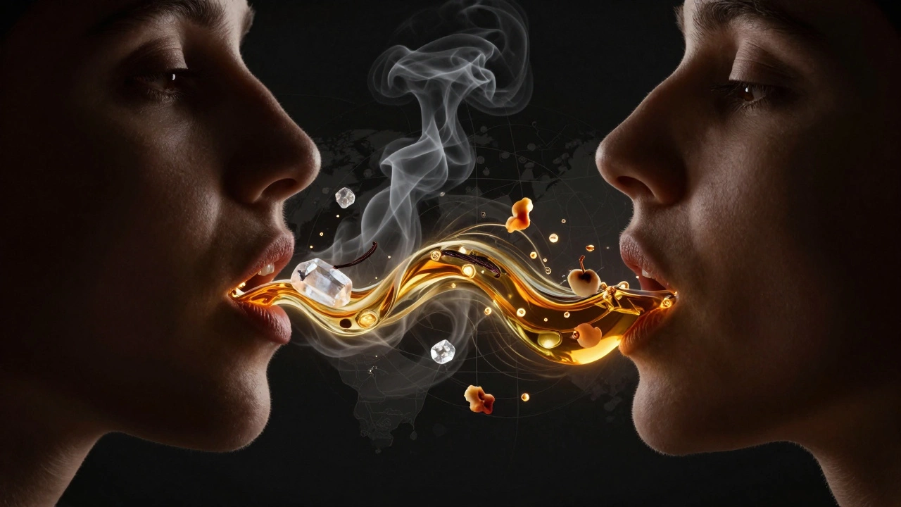 Conceptual art showing whiskey flavors like vanilla and smoke interacting with taste receptors.