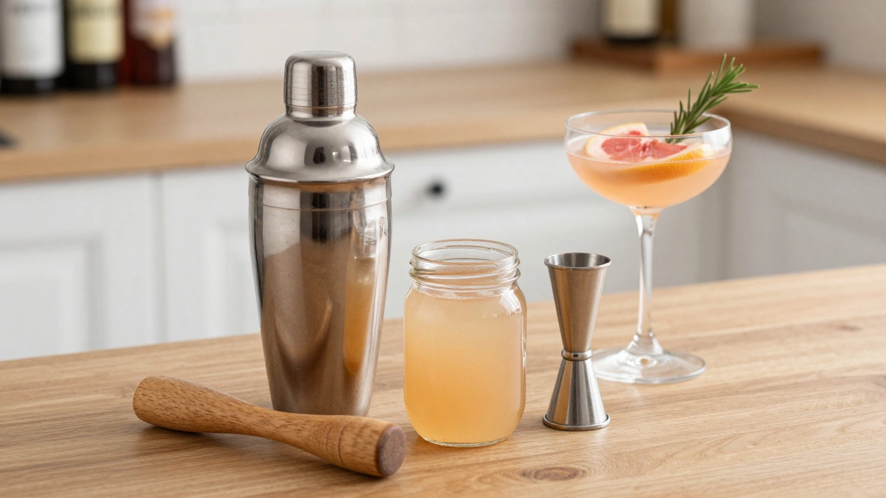 Home mixology tools with a grapefruit kombucha mocktail in a coupe glass