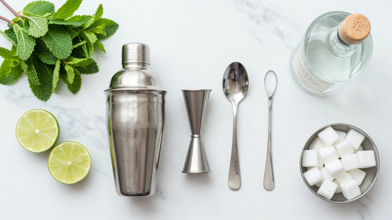 Professional cocktail tools and fresh ingredients arranged on a white marble surface.