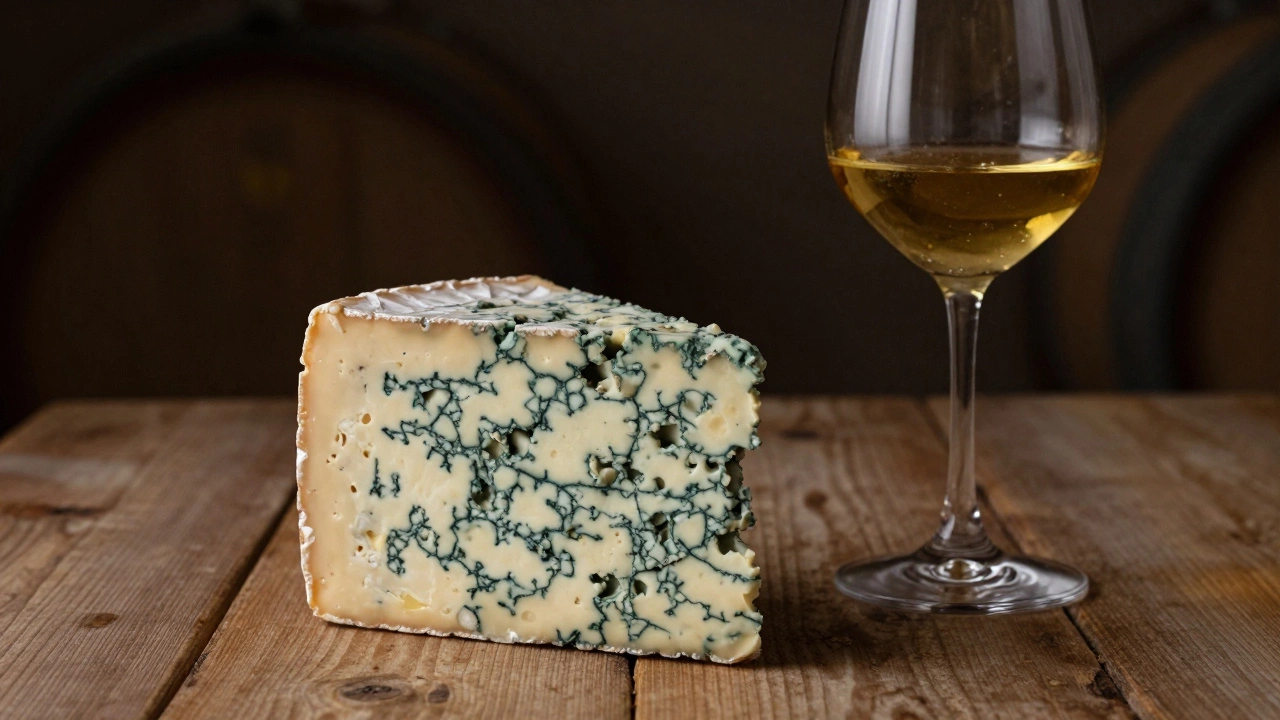 Roquefort blue cheese paired with a glass of golden Sauternes wine on a rustic table