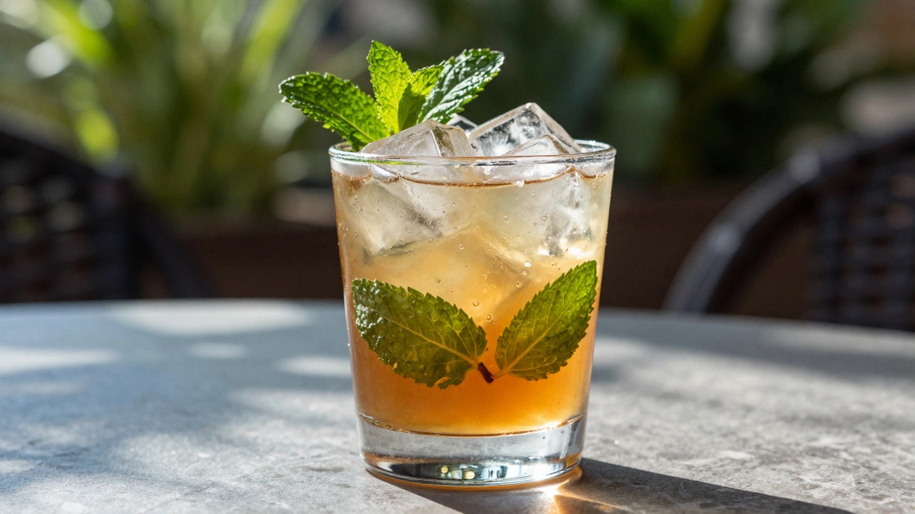 A refreshing whiskey smash cocktail with mint garnish and ice