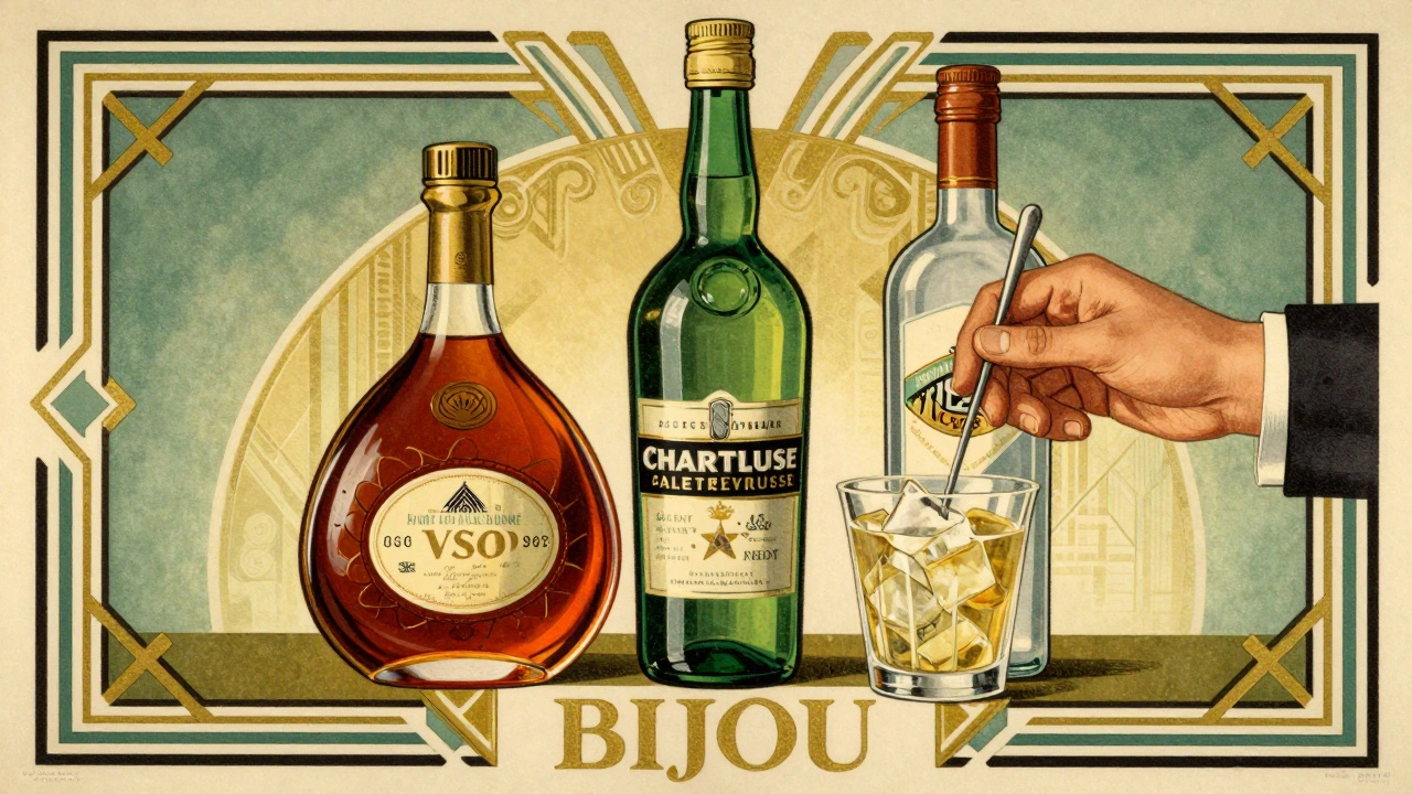 Art Deco illustration of Cognac, Chartreuse, and Vermouth bottles for making a Bijou.