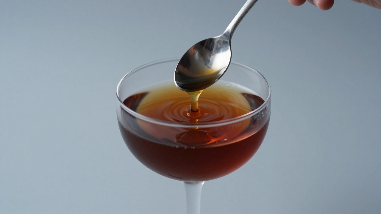 Bar spoon stirring a dark cocktail in a glass, highlighting smooth texture