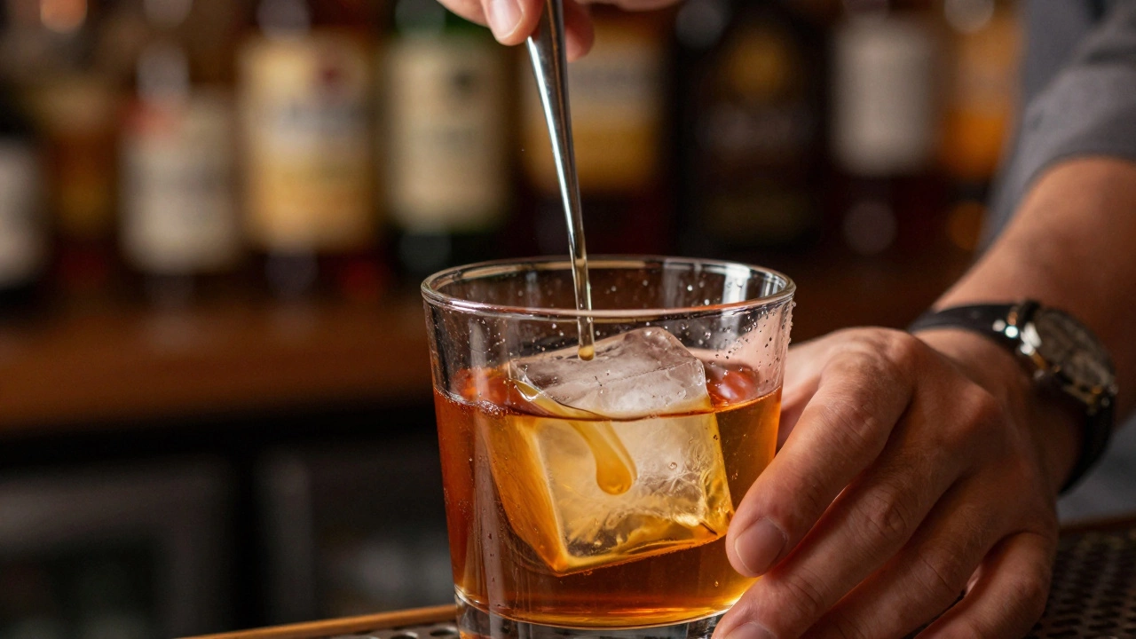 Bartender stirring a Benton's Old Fashioned cocktail with a long spoon over ice.