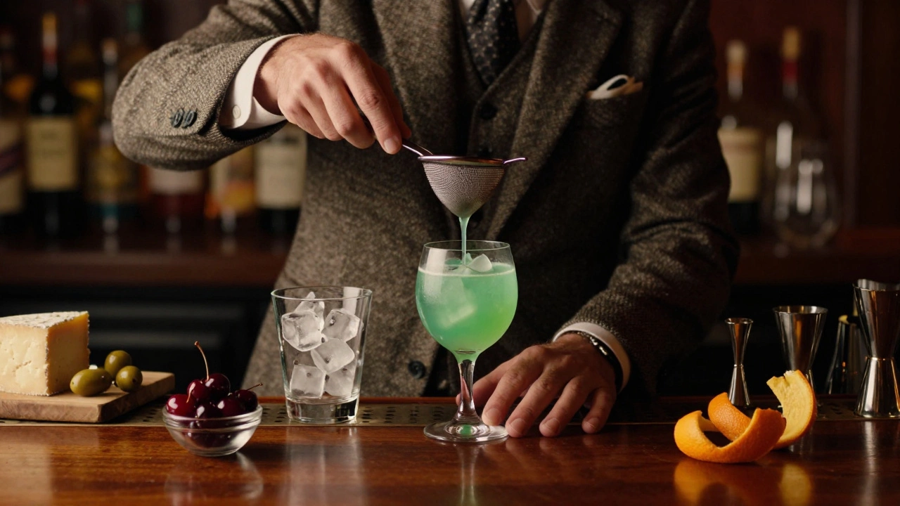 Bartender straining a green Bijou cocktail at a dimly lit mahogany bar.
