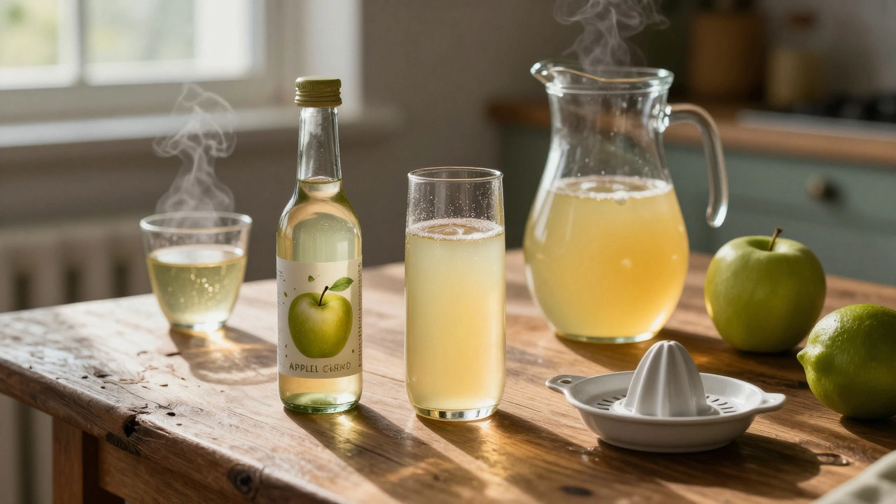 Bottle of apple cider vinegar, apple juice, and lime on a rustic wooden table with warm sunlight.