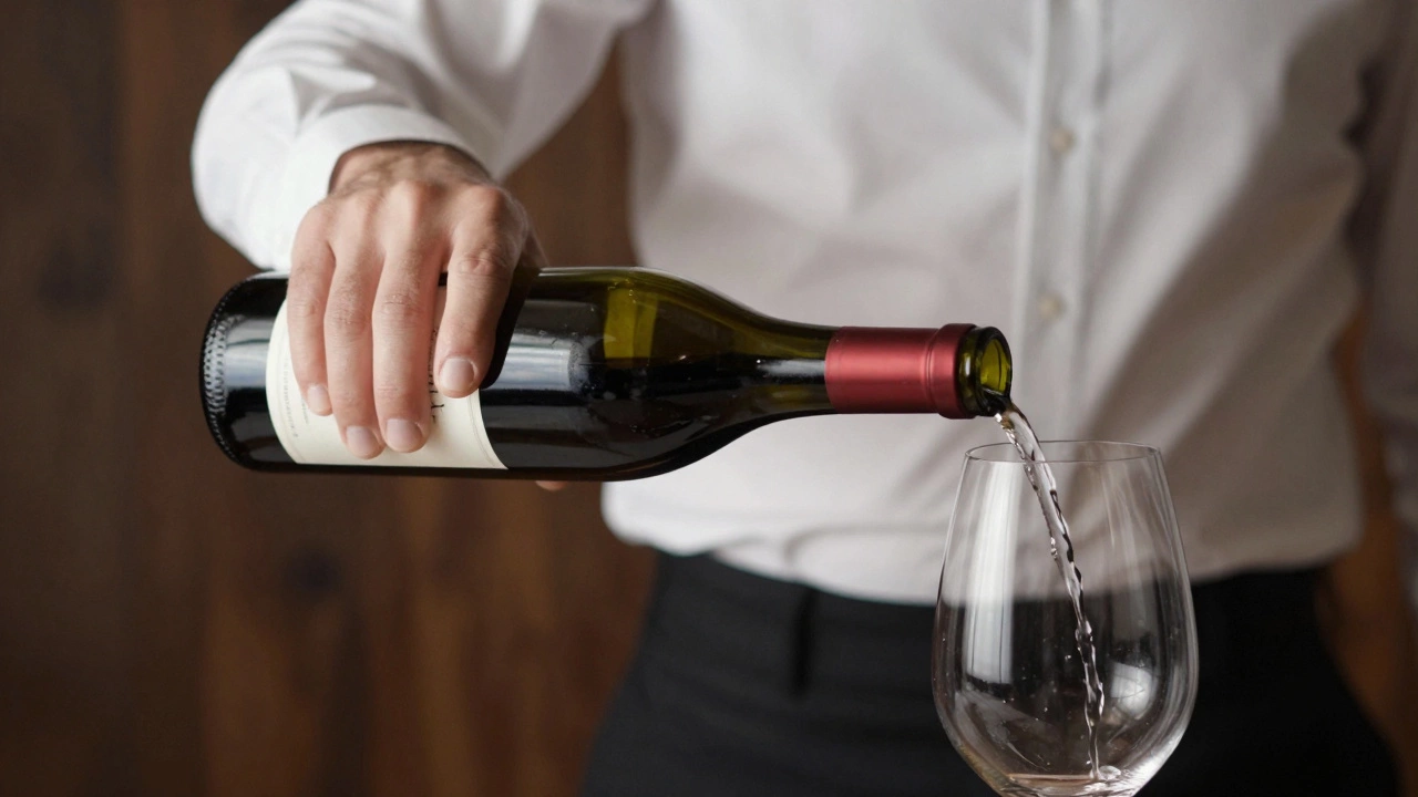Close-up of precise wine pouring technique with stable posture
