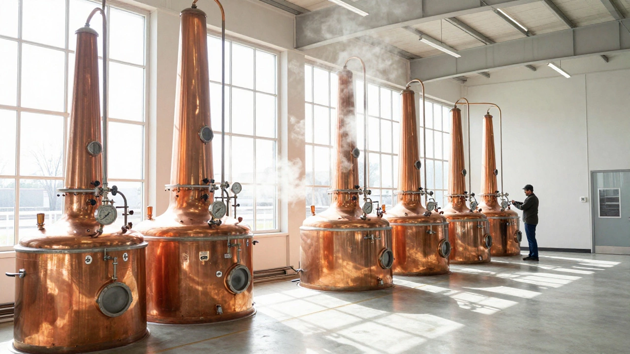 Copper pot stills steaming inside a modern Tennessee distillery