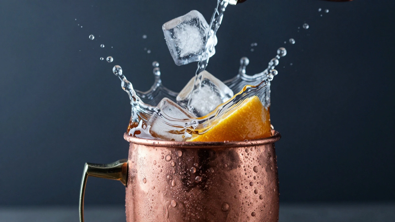 Dynamic shot of ice and liquids being shaken in a copper cocktail shaker.