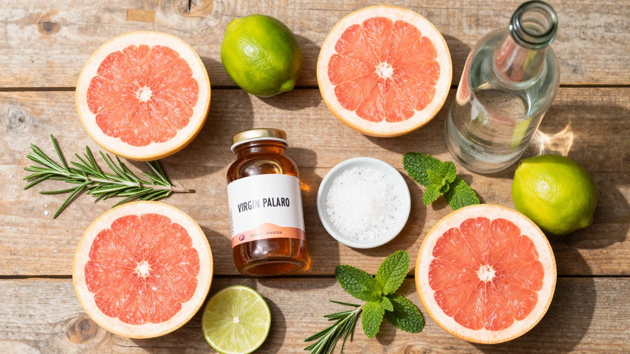 Fresh grapefruit, lime, agave, and soda arranged on a wooden table for mocktail making