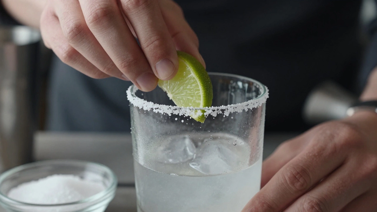 Hand salting the rim of a chilled cocktail glass