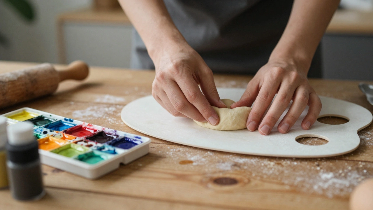 Hands mixing paint or dough in a cozy creative setting