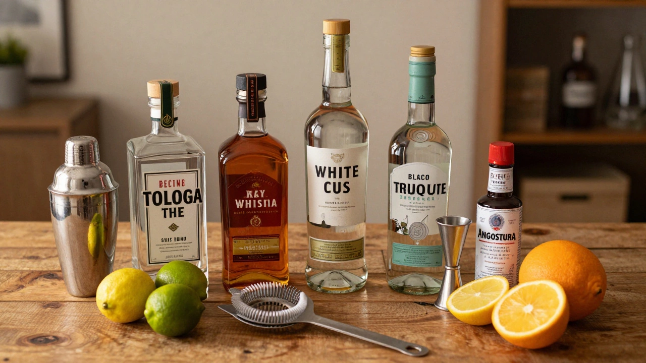 Home bar essentials including spirit bottles, shaker, jigger, and fresh citrus fruits.