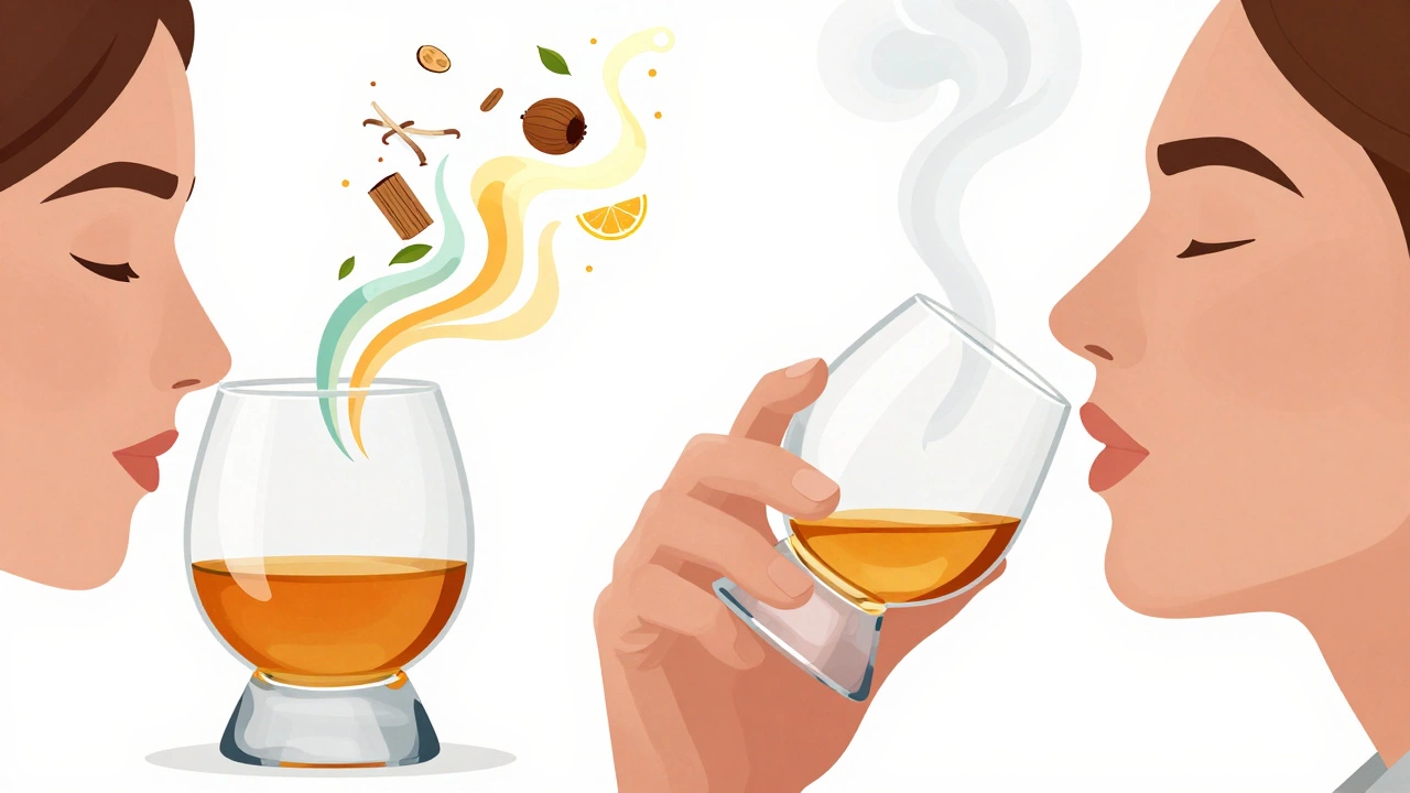 Illustration of smelling whiskey aromas and retronasal breathing.