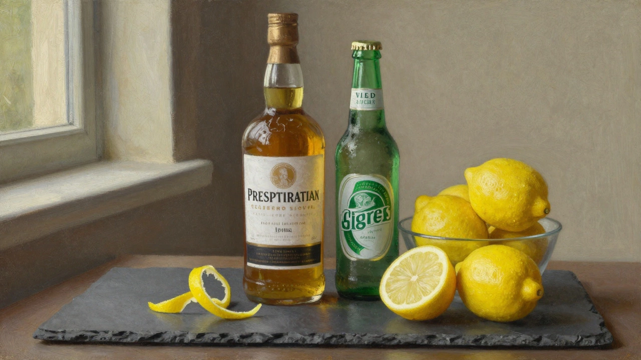 Ingredients for a Presbyterian: Scotch, ginger beer, and lemons on a slate board.