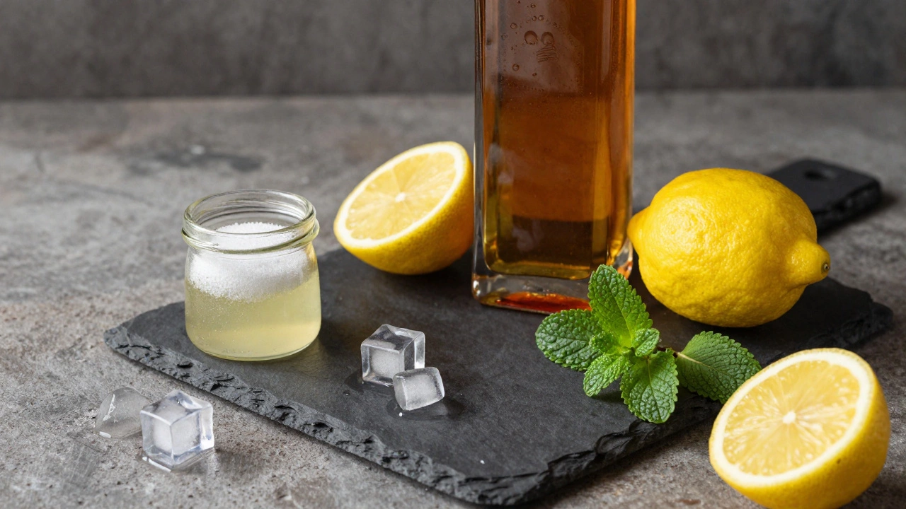 Ingredients for a whiskey smash: bourbon, lemons, mint, and syrup