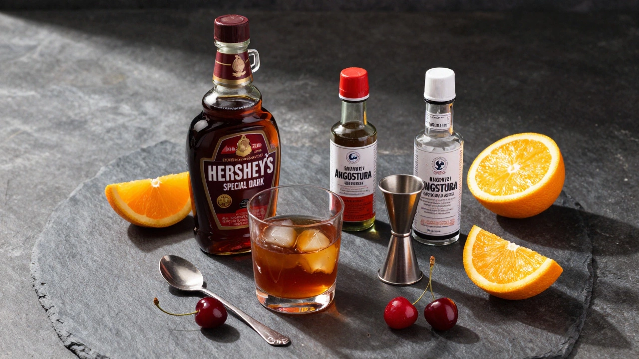 Ingredients for Benton's Old Fashioned: chocolate syrup, bitters, oranges, and cherries on slate.