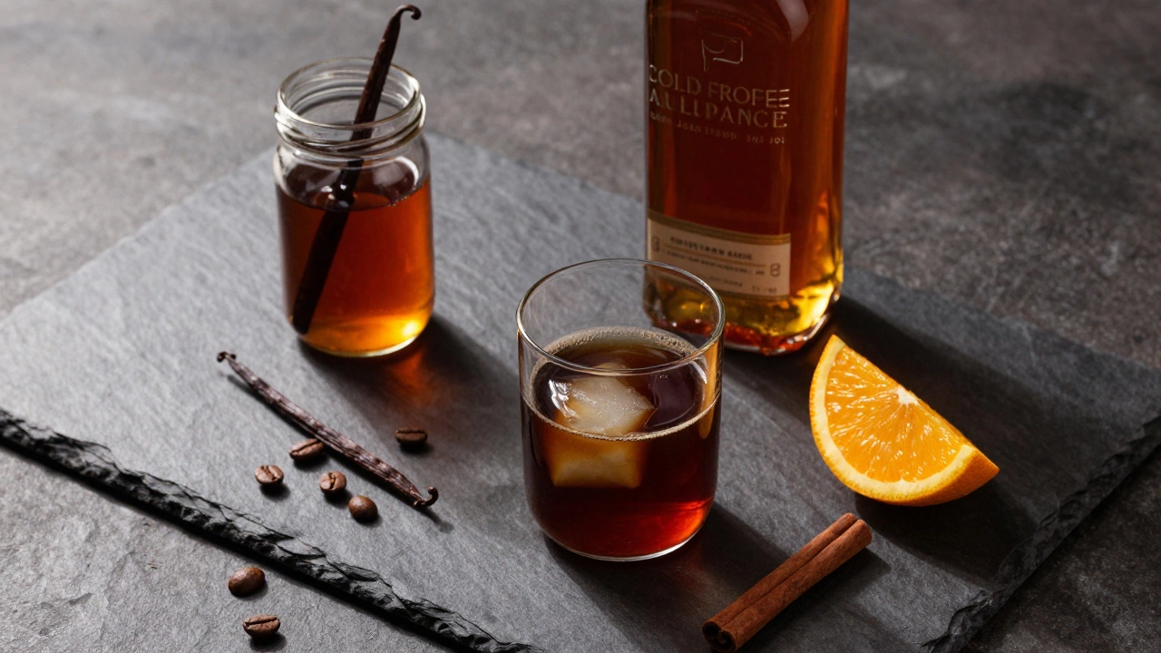 Ingredients for Cold Brew Old Fashioned: whiskey, coffee, syrup, and spices