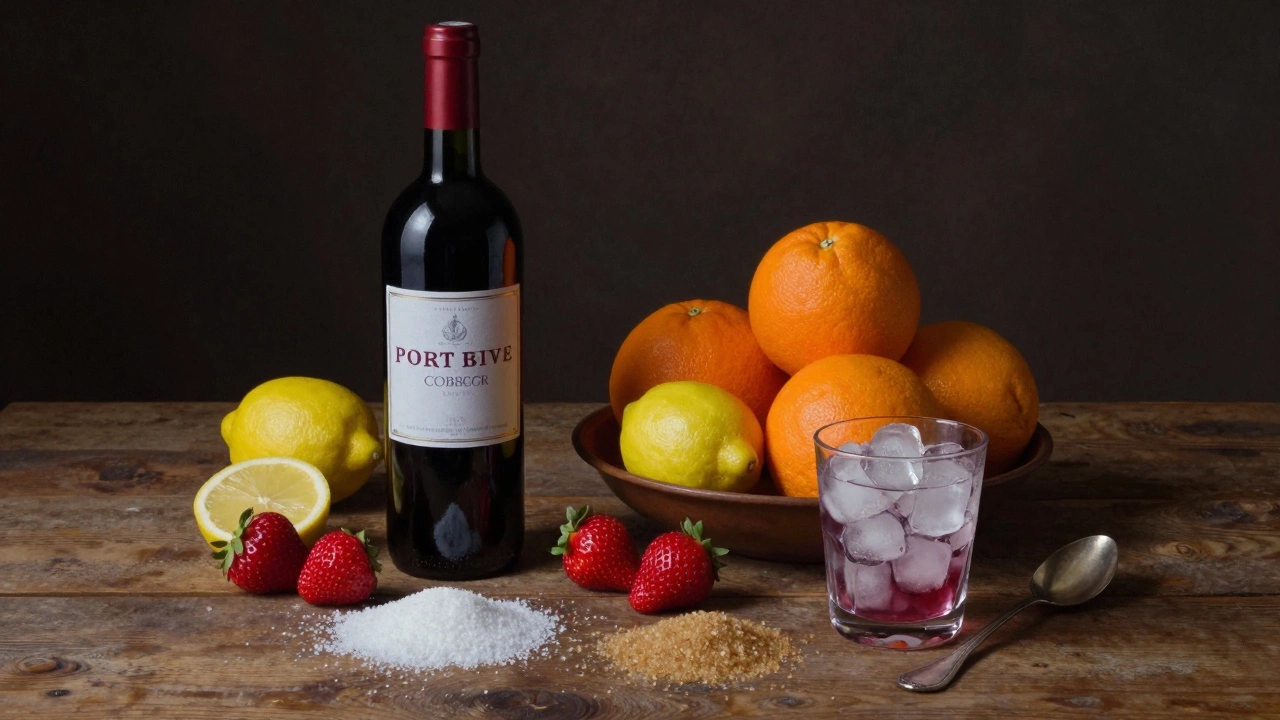 Ingredients for Port Wine Cobbler including port, citrus, berries, and sugar.