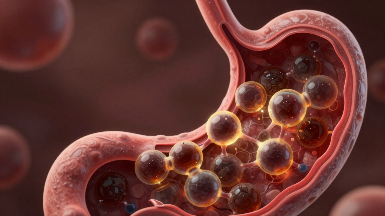 Macro view of tannins irritating stomach lining in tea infusion
