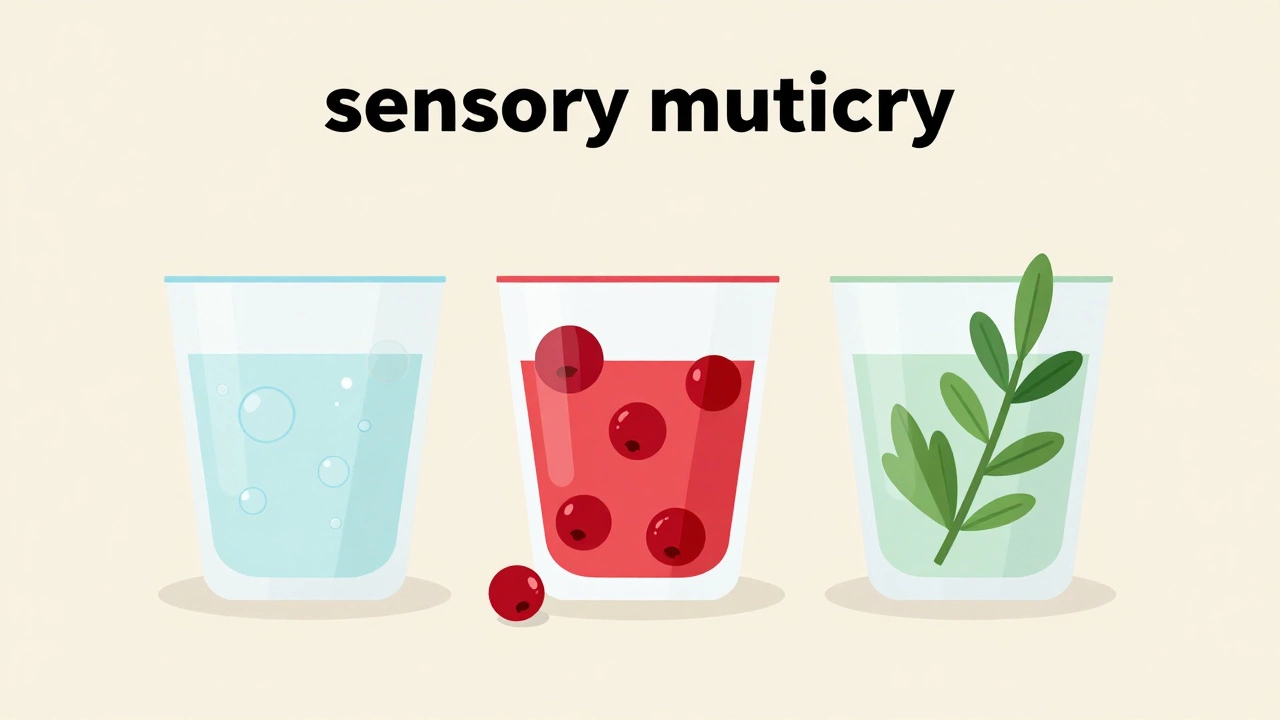 Minimalist illustration of three cocktail glasses representing carbonation, fruit, and herbs for mocktails.