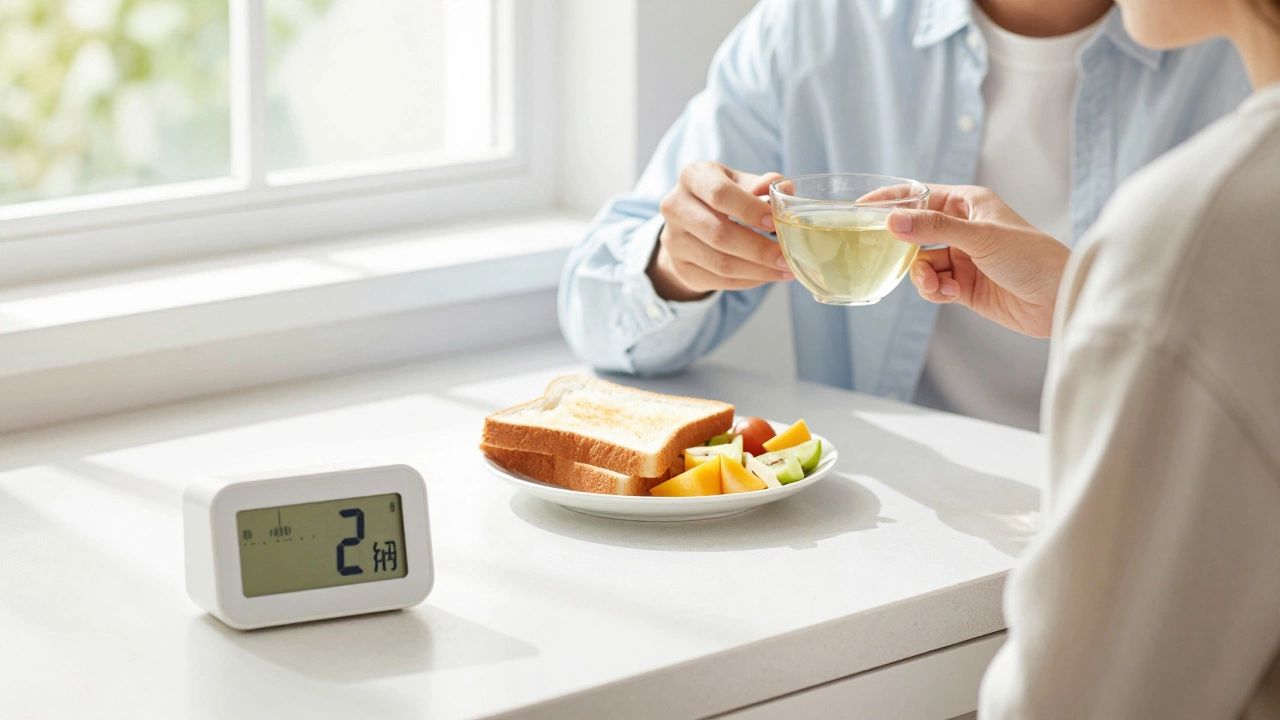 Person drinking tea with food for comfort, timer showing short steep