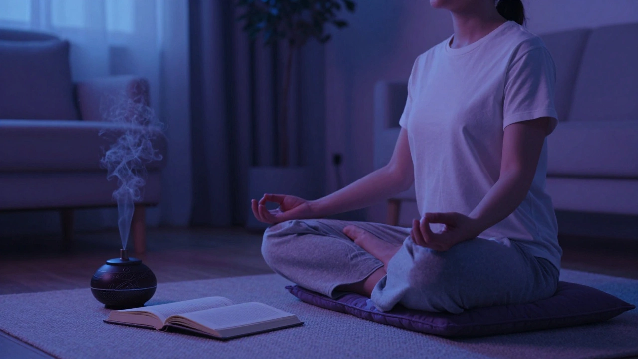 Person meditating quietly with journal and diffuser